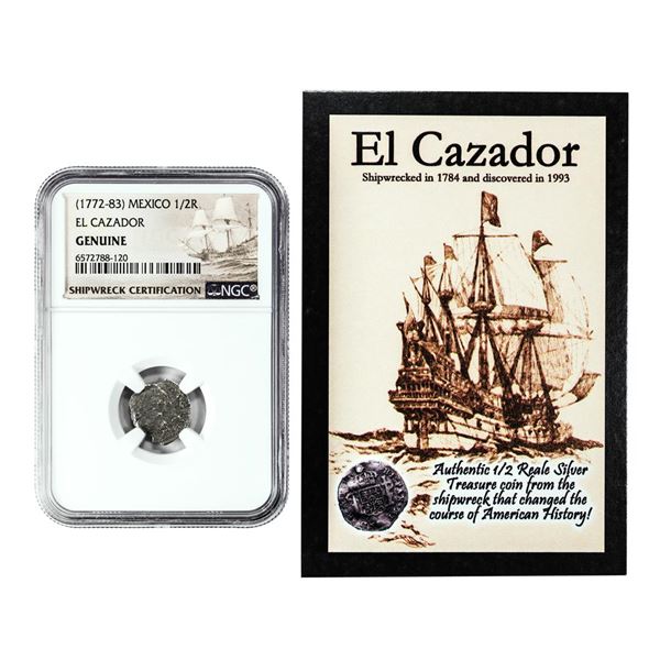 El Cazador Shipwreck (1772-83) Mexico 1/2 Real Silver Coin NGC Genuine w/ Story Card