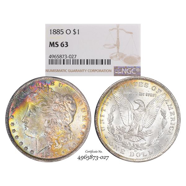 1885-O $1 Morgan Silver Dollar Coin NGC MS63 Amazing Toning