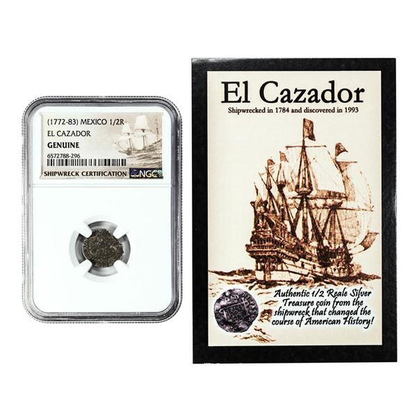 El Cazador Shipwreck (1772-83) Mexico 1/2 Real Silver Coin NGC Genuine w/ Story Card