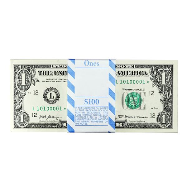 Pack of (100) Consecutive 2017 $1 Federal Reserve STAR Notes Binary Serial Number