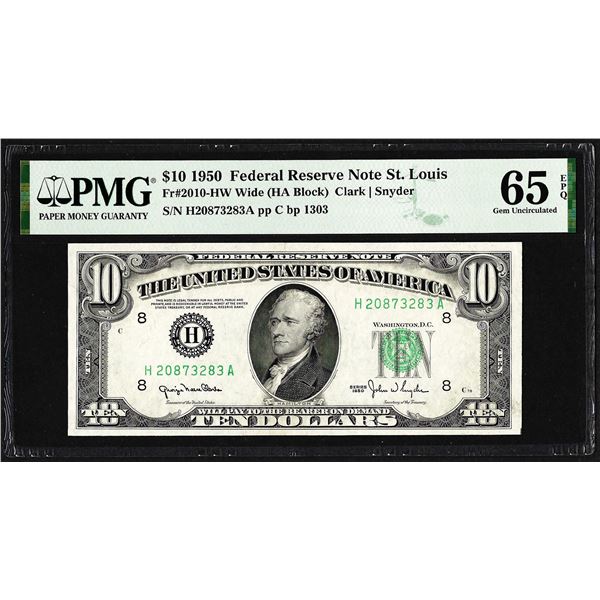 1950 $10 Federal Reserve Note St. Louis Fr.2010-HW PMG Gem Uncirculated 65EPQ