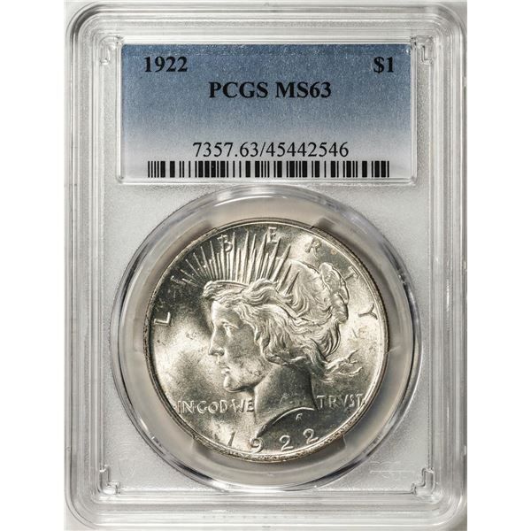 1922 $1 Peace Silver Dollar Coin PCGS MS63
