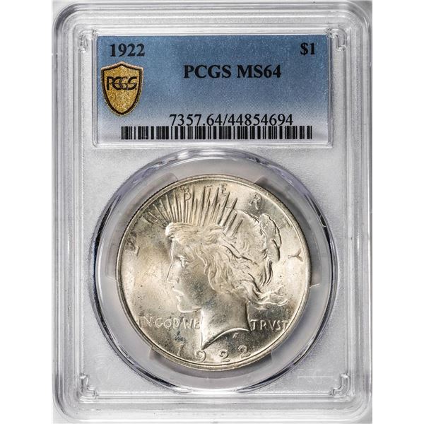1922 $1 Peace Silver Dollar Coin PCGS MS64