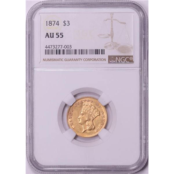 1874 $3 Indian Princess Head Gold Coin NGC AU55