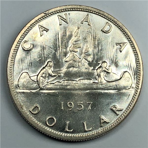 1957 Queen Elizabeth II Canadian Silver Dollar UNC Blast White FWL