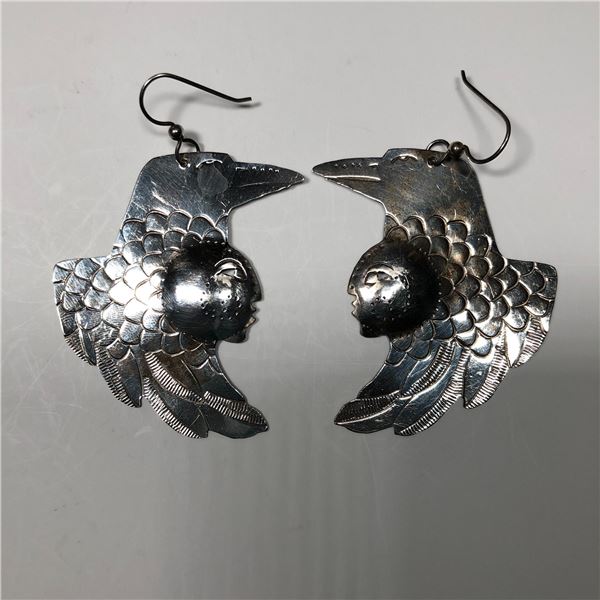 Native Canadian Carved Silver Raven Earings