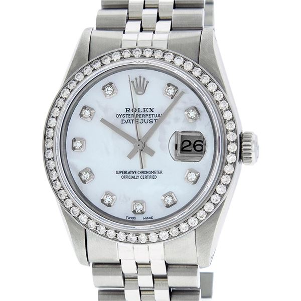 Rolex Mens Stainless Steel Mother Of Pearl Diamond 36MM Datejust