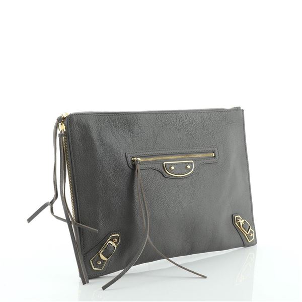 Balenciaga Zip Around Classic Metallic Edge Clutch Leather Medium Gray