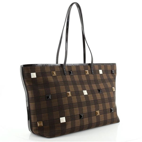 Fendi Brown Printed Canvas Studded Roll Medium Tote Bag