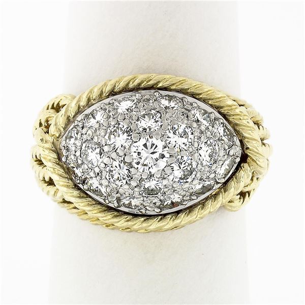 Vintage 18k Gold & Platinum 1.40 ctw Diamond Dome Twisted Wire Statement Band Ri