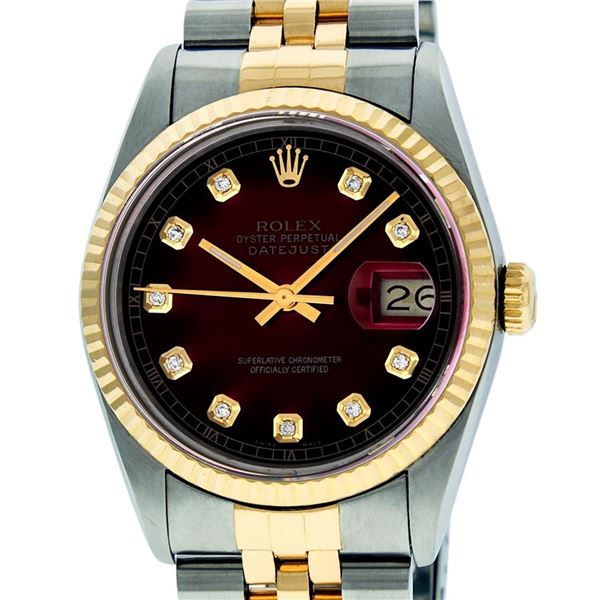 Rolex Mens 2 Tone Red Vignette Diamond 36MM Oyster Perpetual Datejust Wriswatch