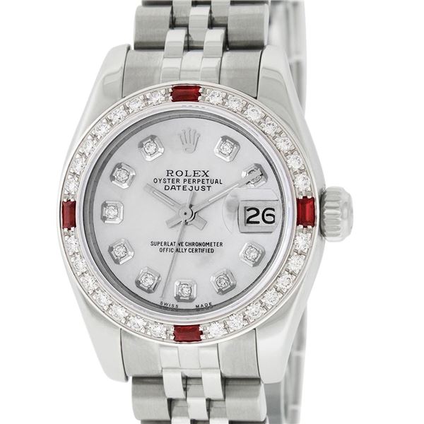 Rolex Ladies 26 Mother Of Pearl Diamond And Ruby Datejust