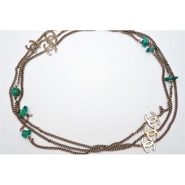 Chanel Silver-tone Metal Green Lab-created Gemstones CC Long Necklace