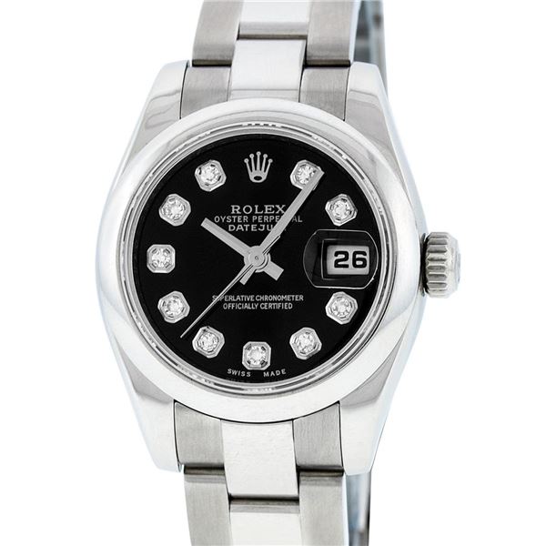 Rolex Ladies Stainless Steel Black Diamond Quickset Datejust Wristwatch