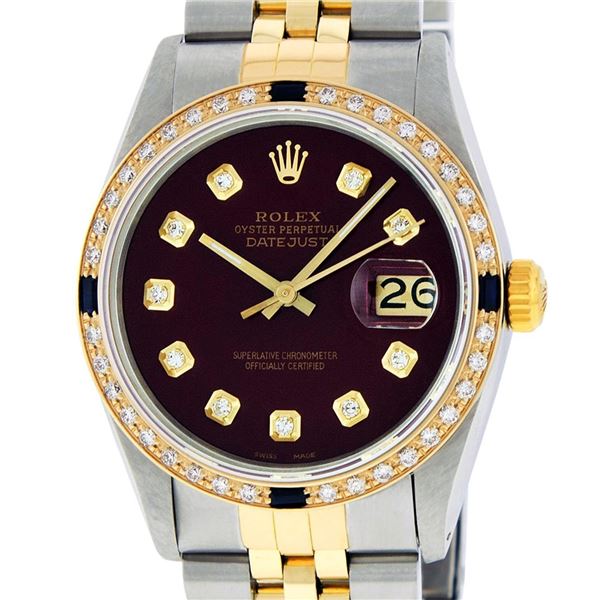 Rolex Mens 2 Tone Maroon VS Diamond & Sapphire 36 Datejust Wriswatch