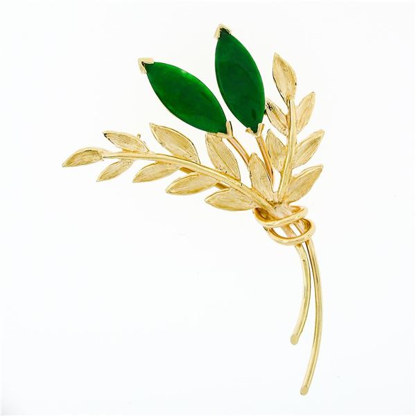 Vintage 14k Gold Marquise Jade Textured Branch Leaf Flower Bundle Brooch Pin