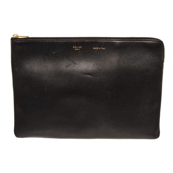Celine Black Grained Leather Zip Pouch