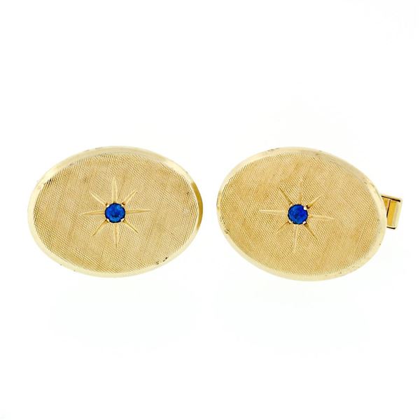 Vintage Tiffany & Co. 14k Gold 0.12 ctw Round Sapphire Oval Florentine Cufflinks