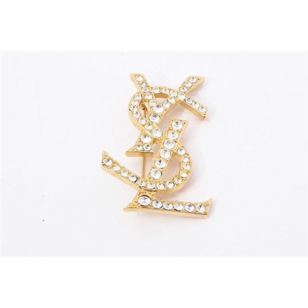 Yves Saint Laurent Vintage Gold-tone YSL Logo Rhinestone Pin Brooch