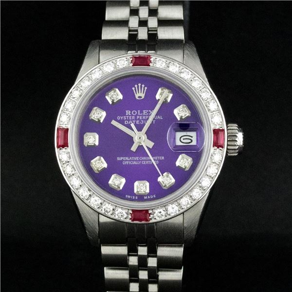 Rolex Ladies Stainless Steel Purple Diamond & Ruby 26MM Datejust Wristwatch