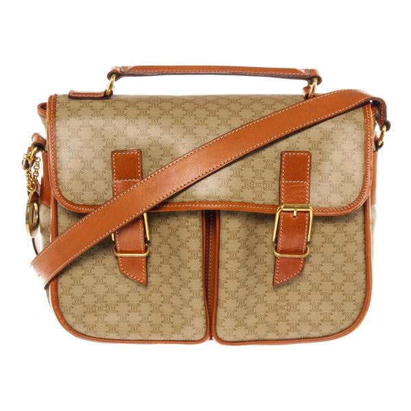 Celine Beige Monogram Canvas Leather Macadam Satchel Bag