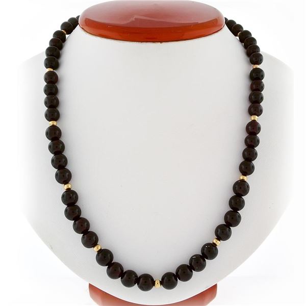 14k Gold Vintage 8.2mm Red Garnet & 3.9mm Gold Bead Strand 19" Necklace