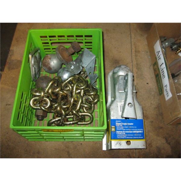 SMALL BASKET W/MISC. TRAILER BALLS, SHORT CHAIN, TRAILER COUPLER