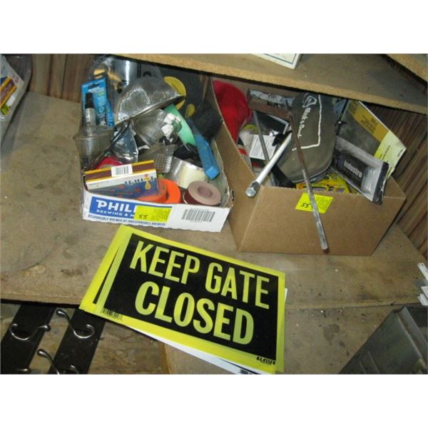 2 BOXES OF MISC. SIGNS, FLAGGING TAPE, GOGGLES, ETC.