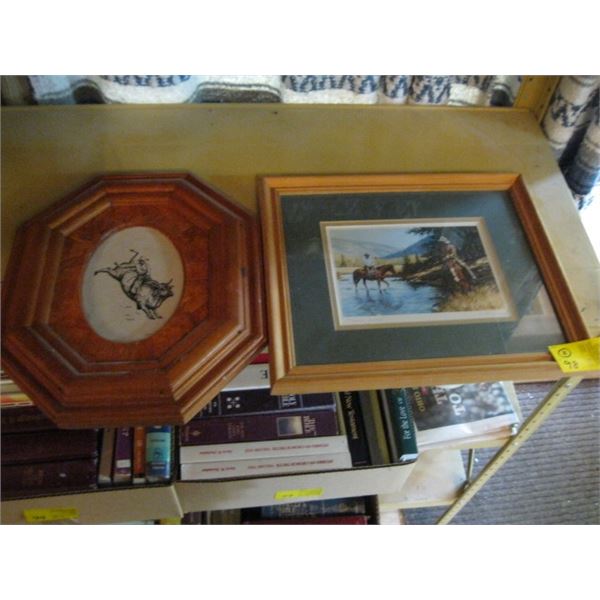 FRAMED COWBOY PRINT, TEAMWORK, BY R. FREEMAN & A BULLRIDER PLAQUE