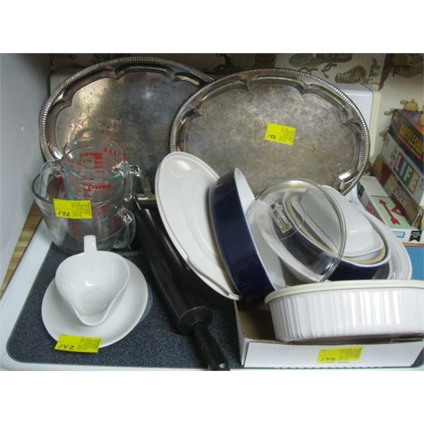 MISC. MEASURING CUPS, BAKING DISHES, ROLLING PIN, ETC.