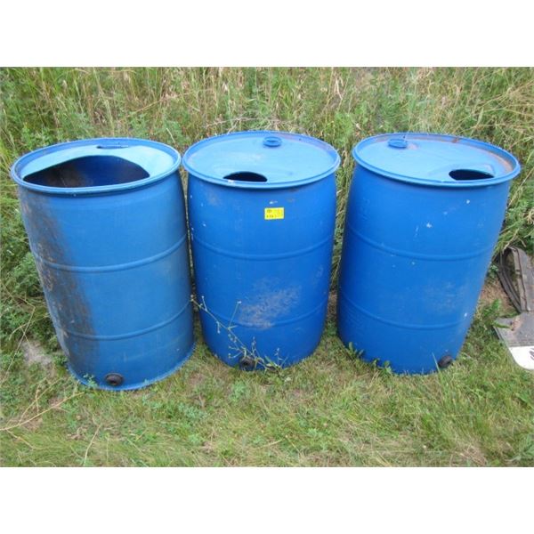 3 BLUE 45 GALLON DRUMS W/CUT OUT TOPS