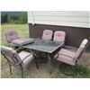 Image 1 : PATIO SET, TABLE & 5 CHAIRS W/CUSHIONS & UMBRELLA STAND