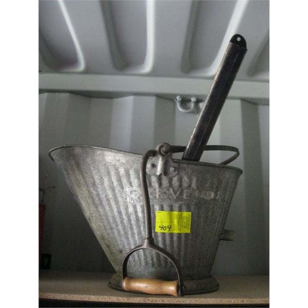 METAL GALVANIZED COAL SHUTTLE W/SHOVEL & HOOK