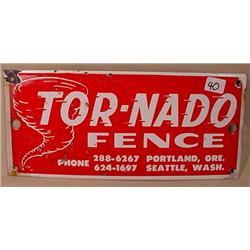 VINTAGE TOR-NADO FENCE PORCELAIN ENAMEL SIGN PORTL