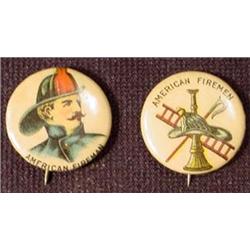 LOT OF 2 1896 CELLULOID FIREMAN PINBACK BUTTONS - 