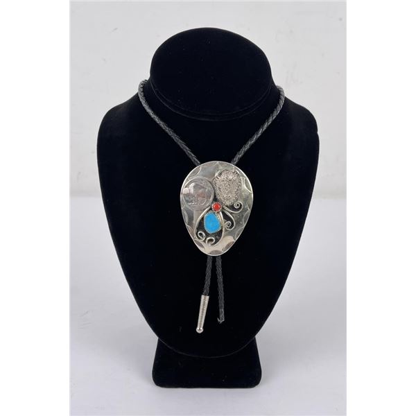 Navajo Buffalo Turquoise Coral Bolo Tie