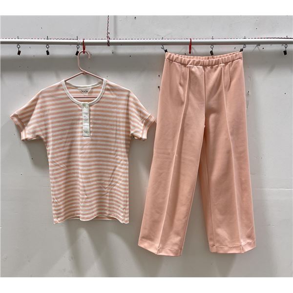 1980s Coral Pink Ladies Shirt and Pants Striped