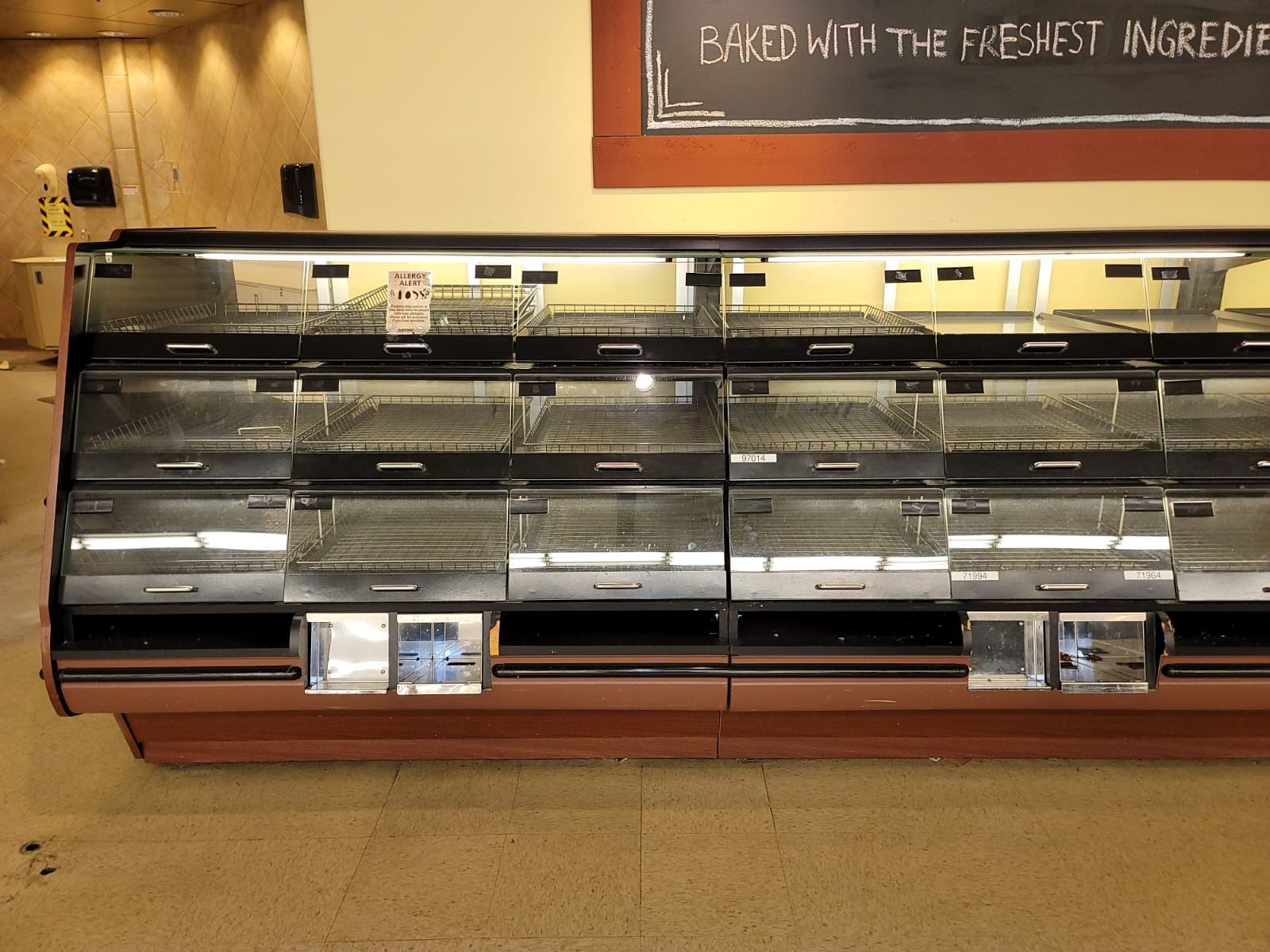 Group of 3 supermarket bakery items displays cases w/ hydraulic sliding