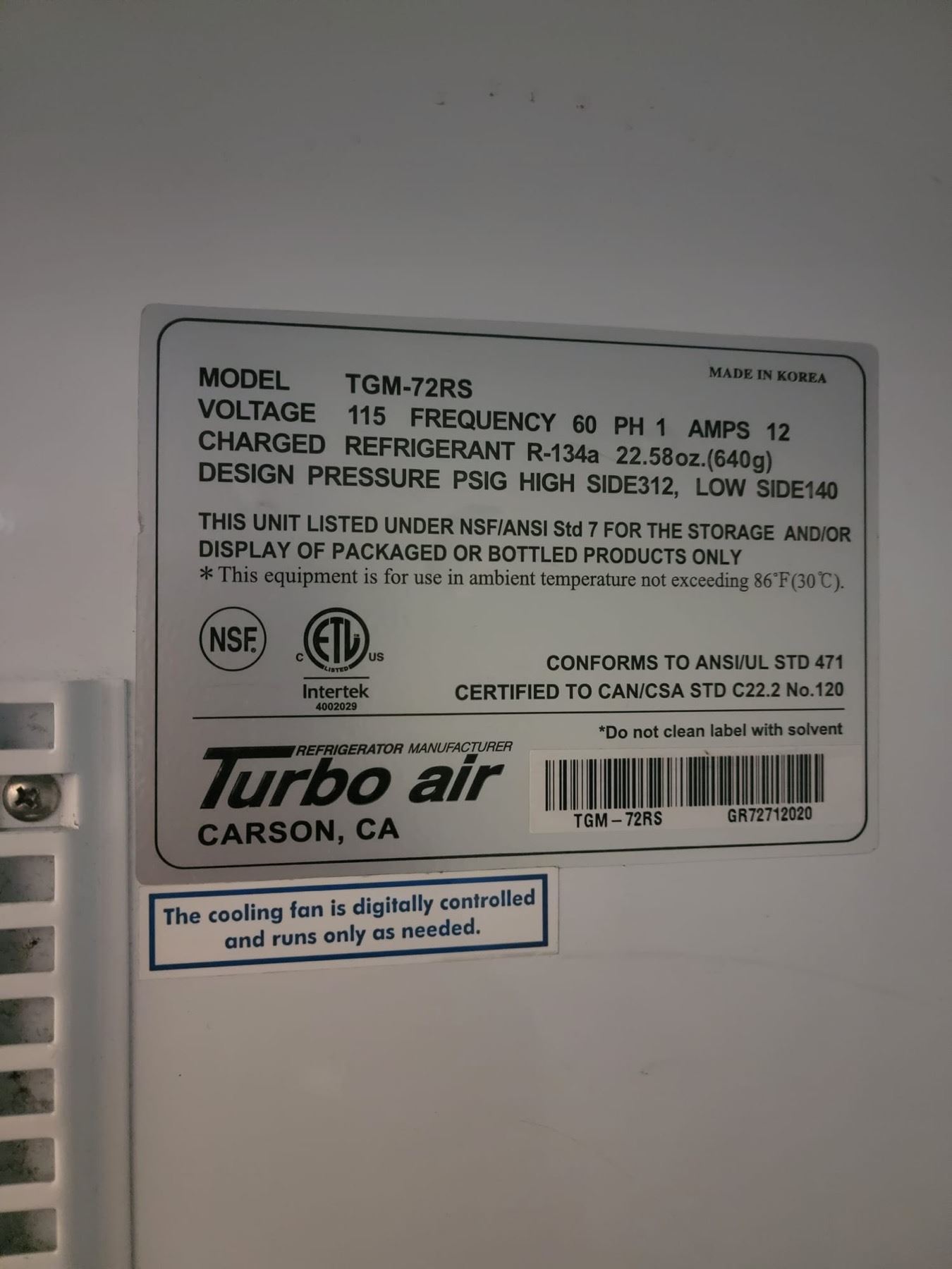 Turboair 3 Glass Door Refrigerator Model TGM72RS