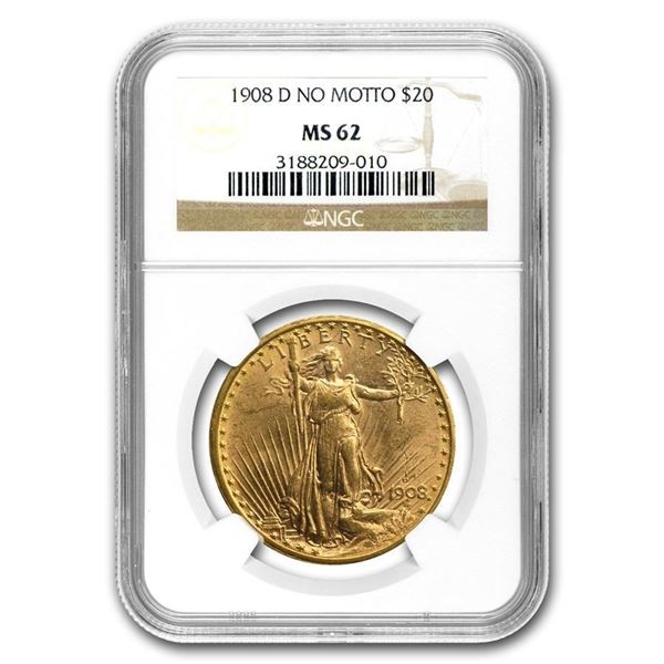 1908-D $20 Saint-Gaudens Gold No Motto MS-62 NGC