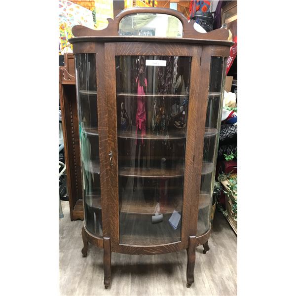 Antique Tigerwood Cabinet with Rounded Glass and Key