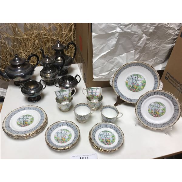 Silver-plate Coffee and Tea Set, Royal Albert Silverbirch Bone China Cup, Saucers and Plates