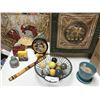 Image 1 : Handmade Talking Stick, Oriental Fan, Chinese Cork Carving, Planter, 2 Tin Boxes, Elegant Elephant T