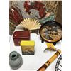 Image 4 : Handmade Talking Stick, Oriental Fan, Chinese Cork Carving, Planter, 2 Tin Boxes, Elegant Elephant T