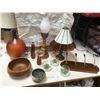 Image 1 : Art Nouveau Lamp with Stained Glass Shade, Oil Lamp, Coat Hanger, Wood Bowl, Copper Colour Candles H