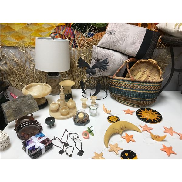 Prehistoric Palm Fossil, Elephant Candle Holder, Coasters, Soapstone Set, 2 Baskets, Metal Owl Holde