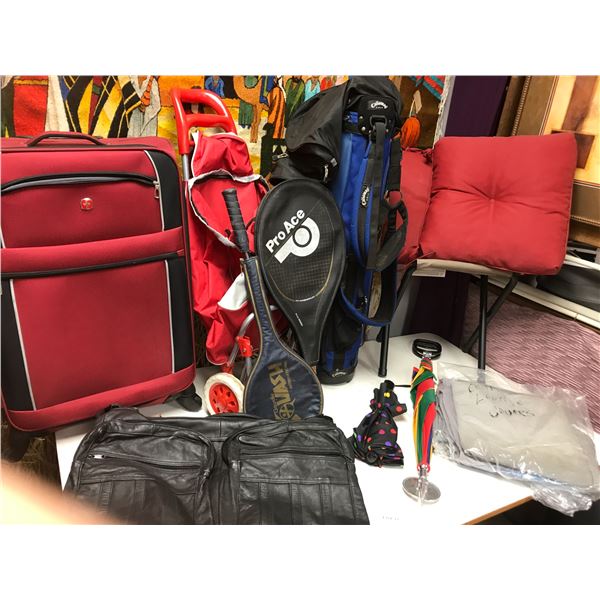 Swiss Gear Suitcase, Callaway Golf Bag, Food Carrier, ProAce Tennis Racket, Goodie Squash Racket, Te