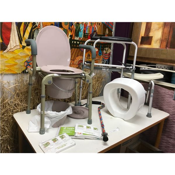 Decorative Mobb Cane, Walker, Shower Stool, Probasics Commode Chair with Liners, Toilet Seat, Assist