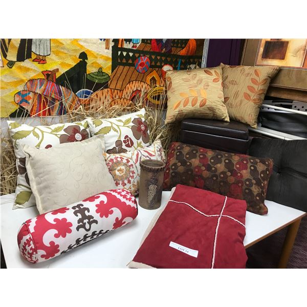 Large Assortment of Decorative Throw Pillows, Rest Blanket, Ottoman, Decorative Wine Holder