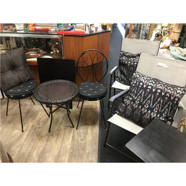 2 Outdoor Patio Chairs with Black and Burgundy Cushions, 2 Decorative Metal Chairs with Dragonfly an